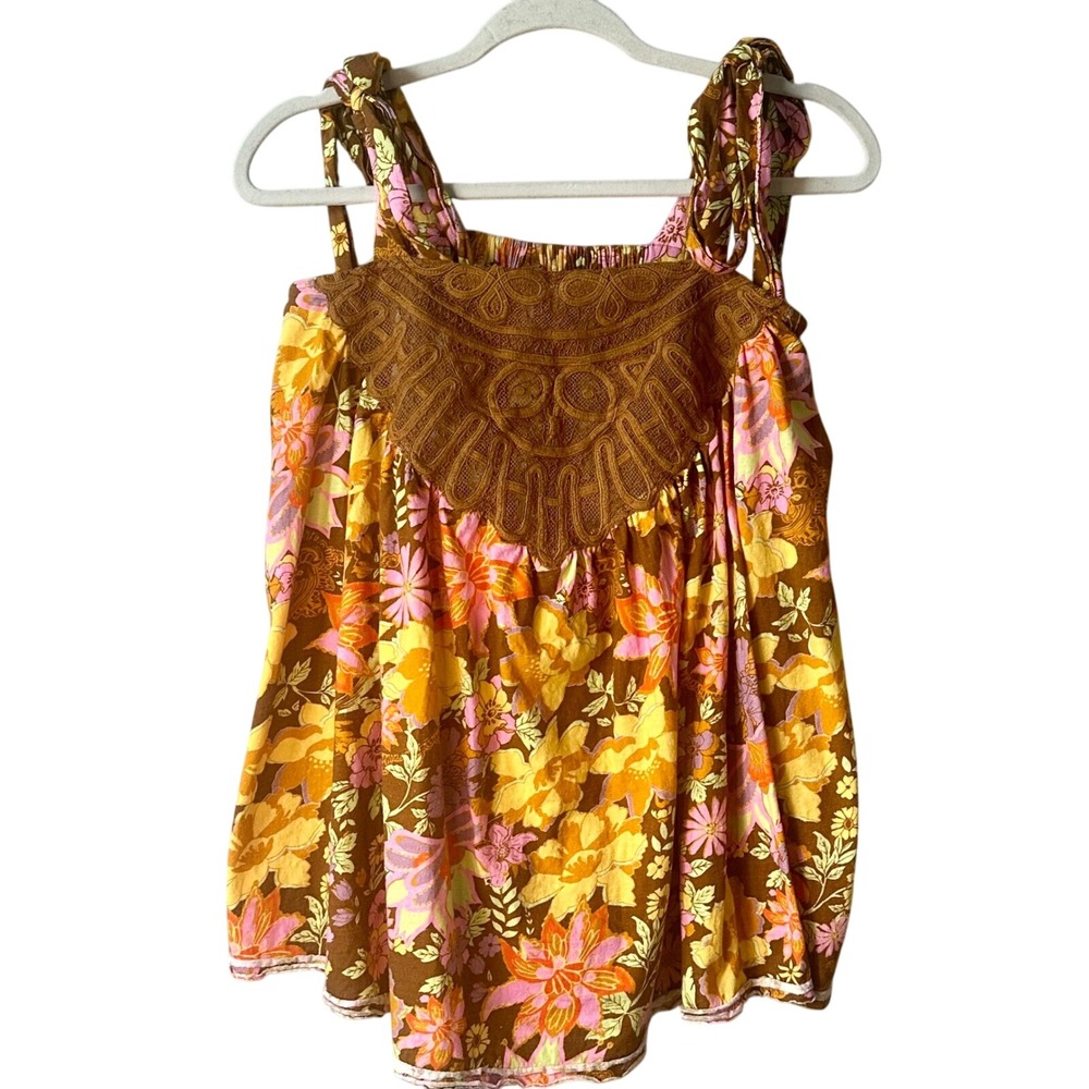 Free People Bali Moroccan Floral Tunic Top Crochet Tie Strap Sleeveless Boho XS‎ - Picture 2 of 6